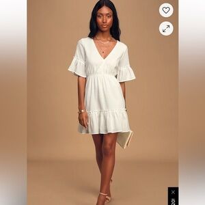 Lulu's Elegant White V-Neck Dress
